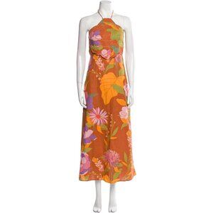 Caroline Constas Halter Dress Orange Floral Linen Blend Embroidered NWT M